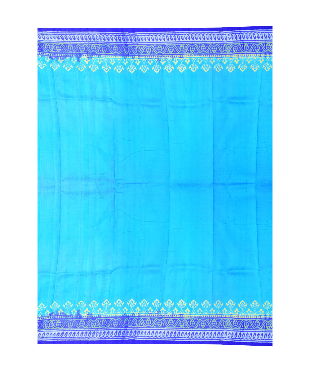 Cyan blue navy blue hand printed silk saree