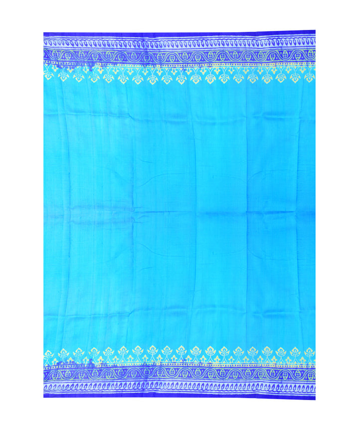 Cyan blue navy blue hand printed silk saree
