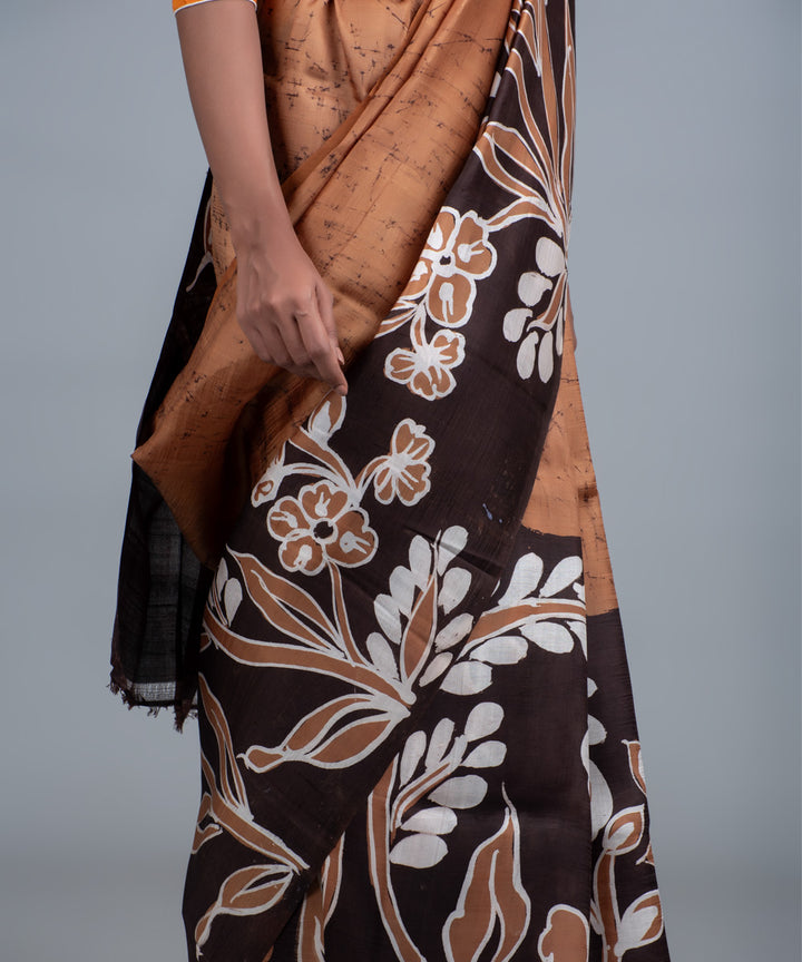 Brown mulberry silk hand painted batik saree