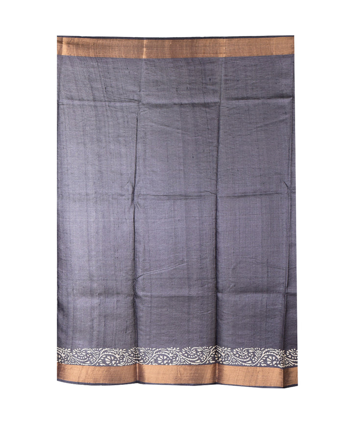 Black multicolor hand printed tussar silk saree