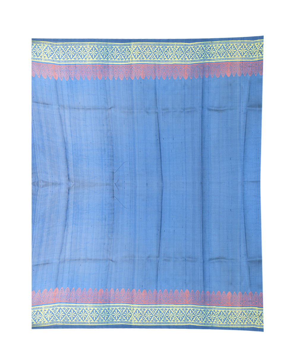 Cyan blue multicolor hand printed silk saree
