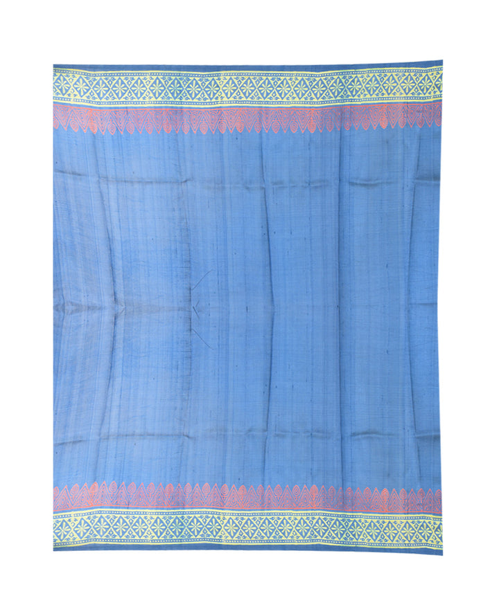 Cyan blue multicolor hand printed silk saree