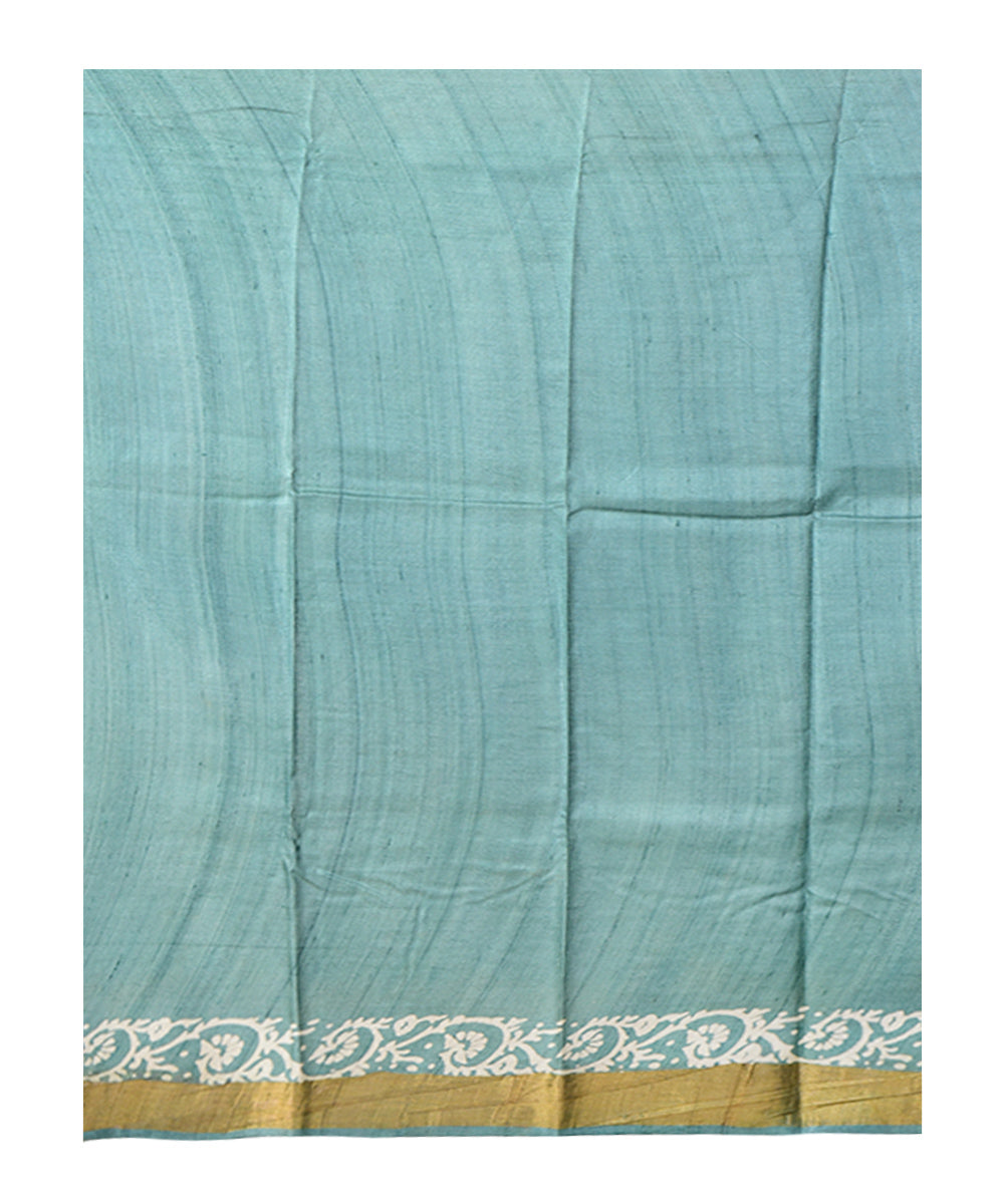 Cyan blue white block print handprinted tussar silk saree