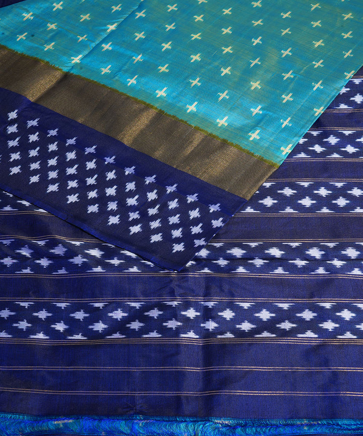 Light green blue handwoven pochampally ikat silk saree