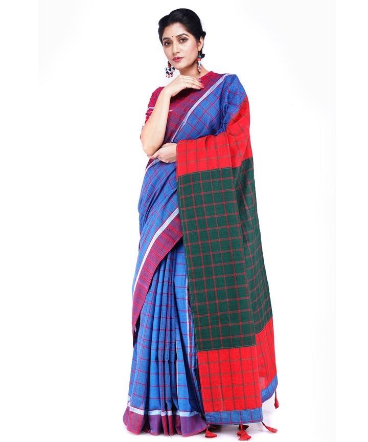 Navy blue red cotton handloom gamcha saree