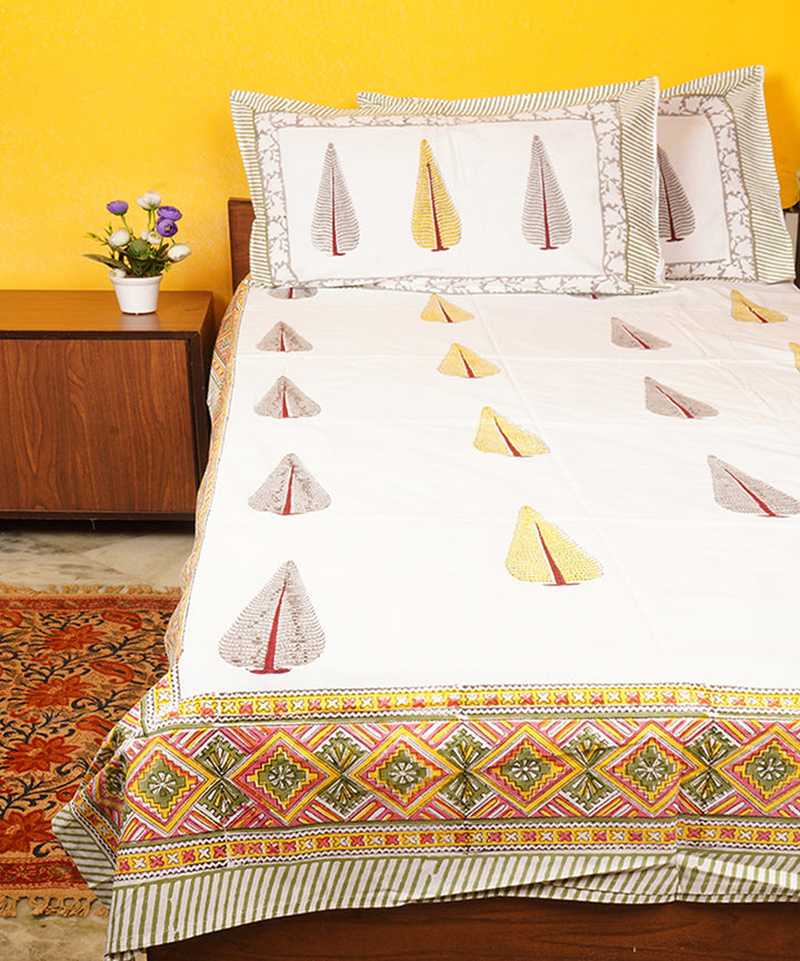 White yellow hand block printed cotton double bedsheet