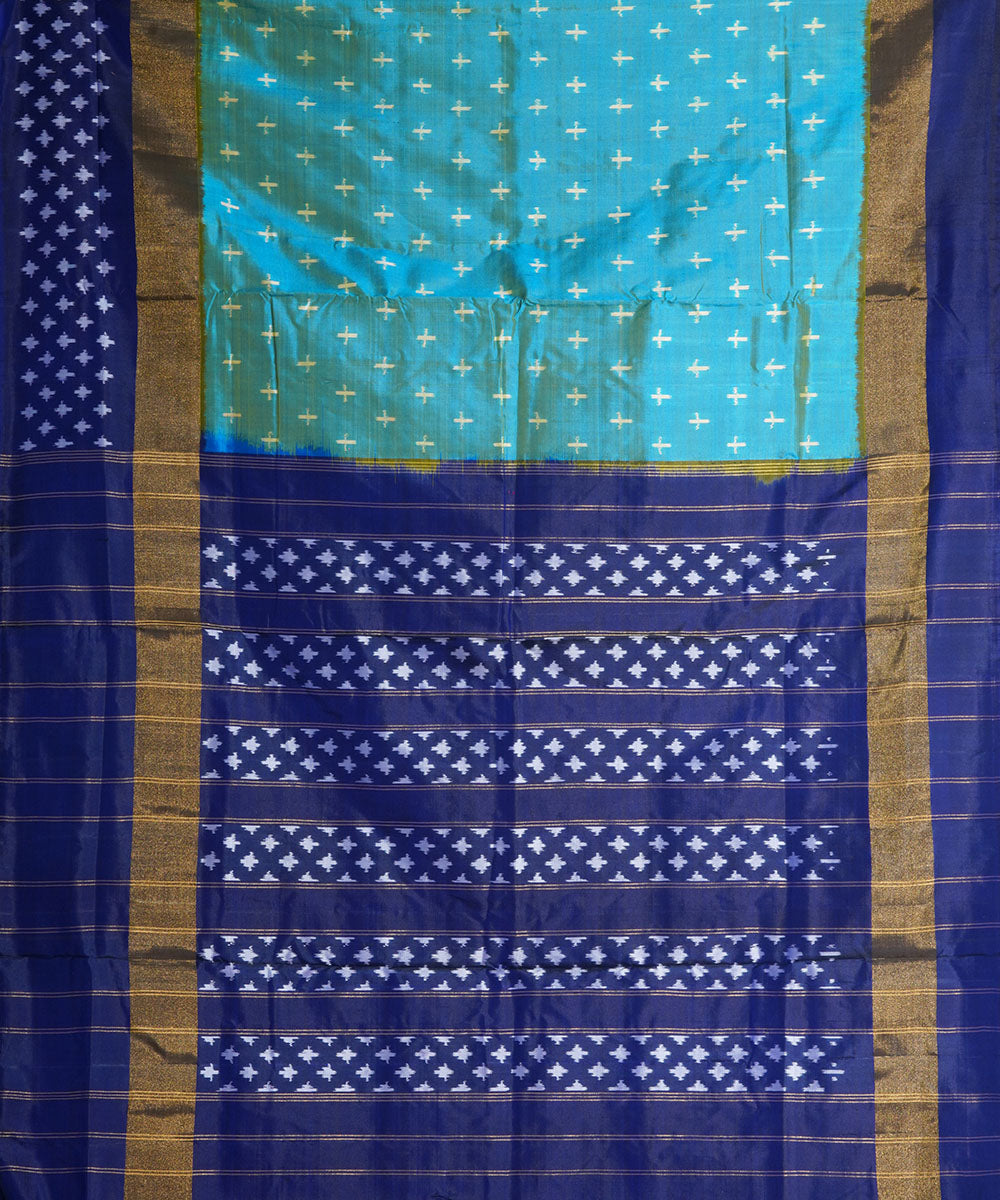 Light green blue handwoven pochampally ikat silk saree