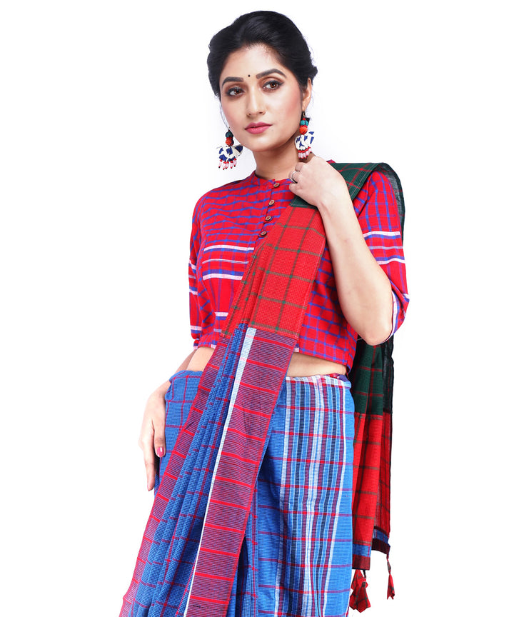 Navy blue red cotton handloom gamcha saree