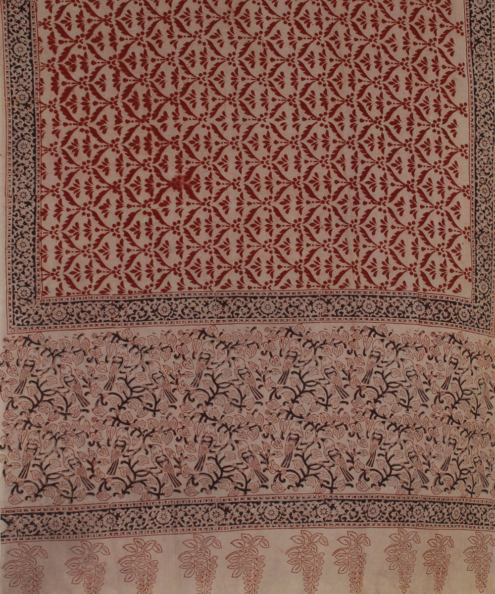 Beige red hand printed cotton kalamkari dupatta