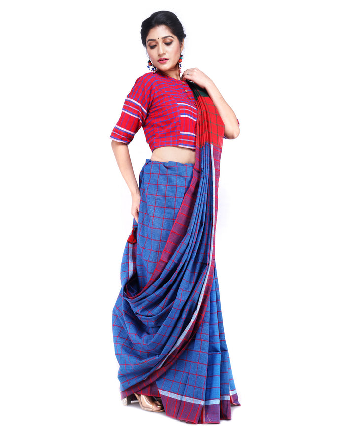 Navy blue red cotton handloom gamcha saree