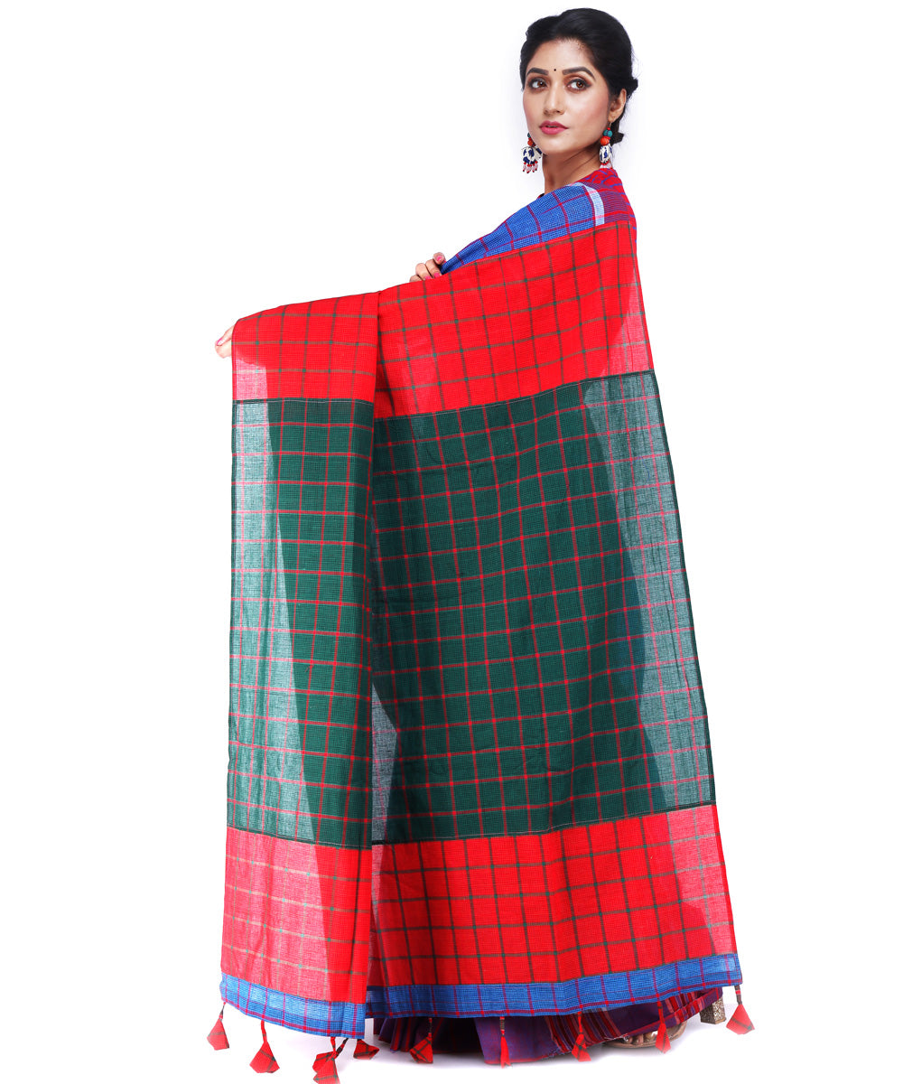 Navy blue red cotton handloom gamcha saree