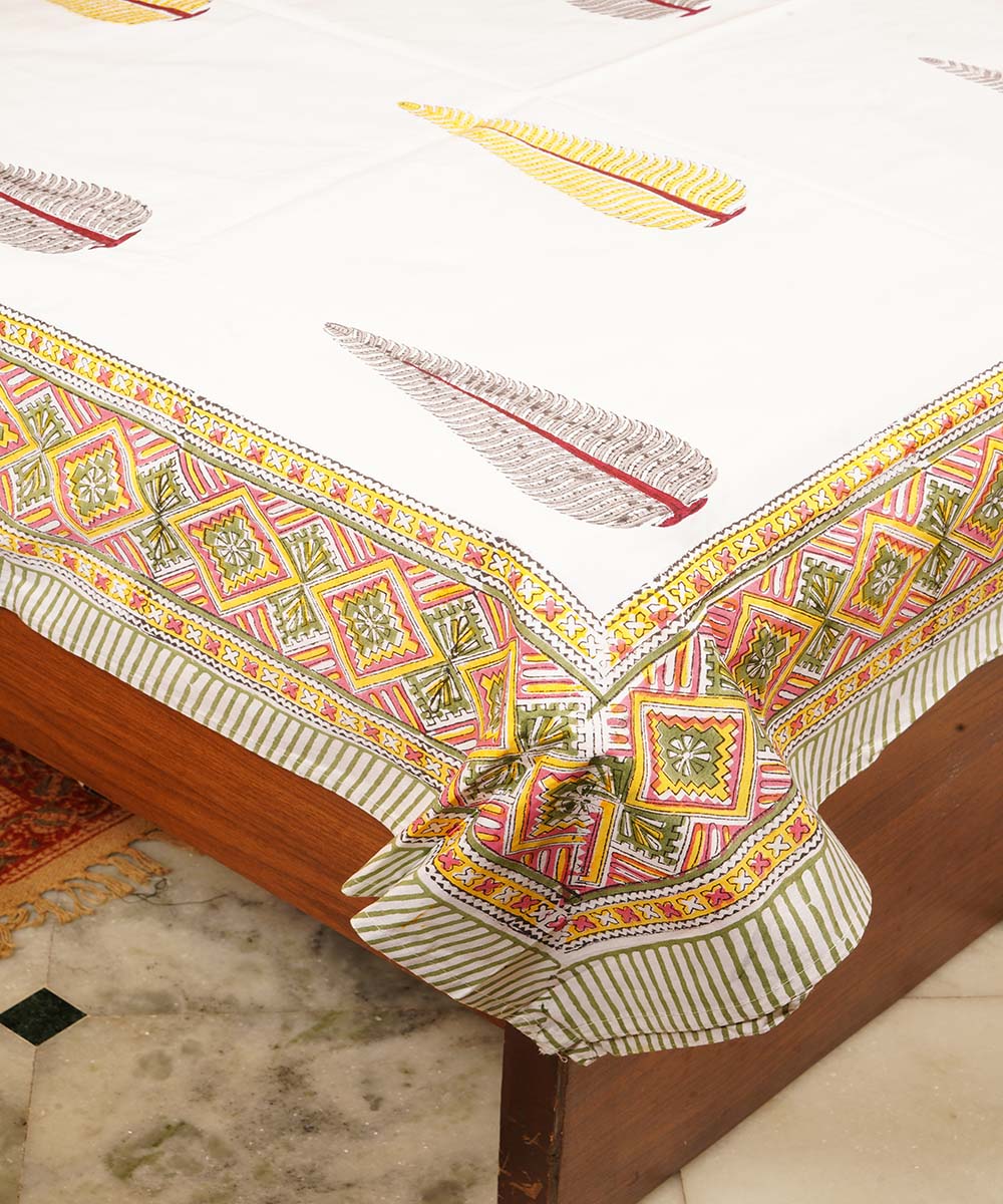 White yellow hand block printed cotton double bedsheet