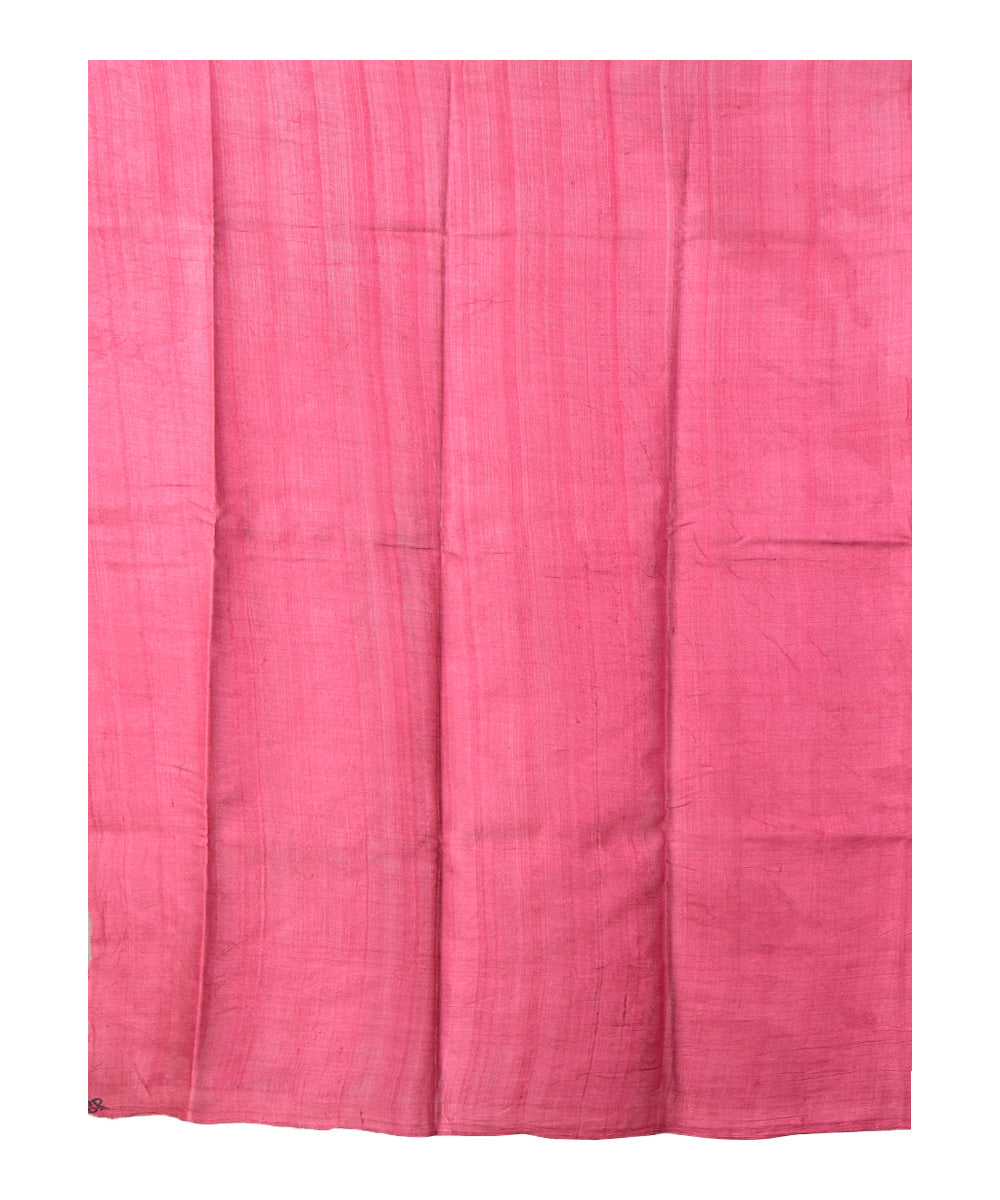 Black pink block print handprinted tussar silk saree