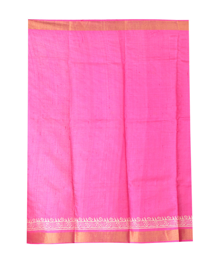 Pink hand printed tussar silk saree
