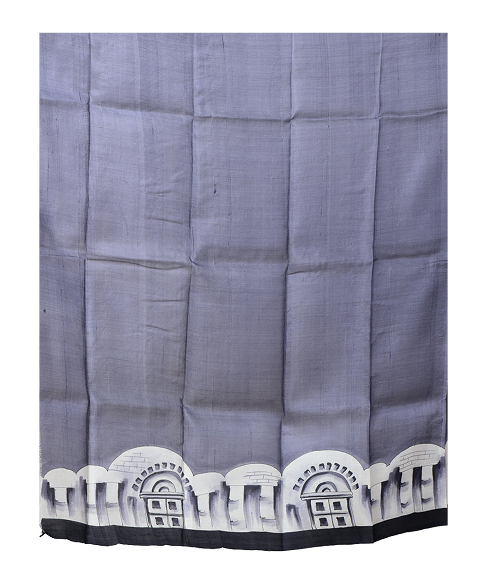 Grey white  hand painted silk saree