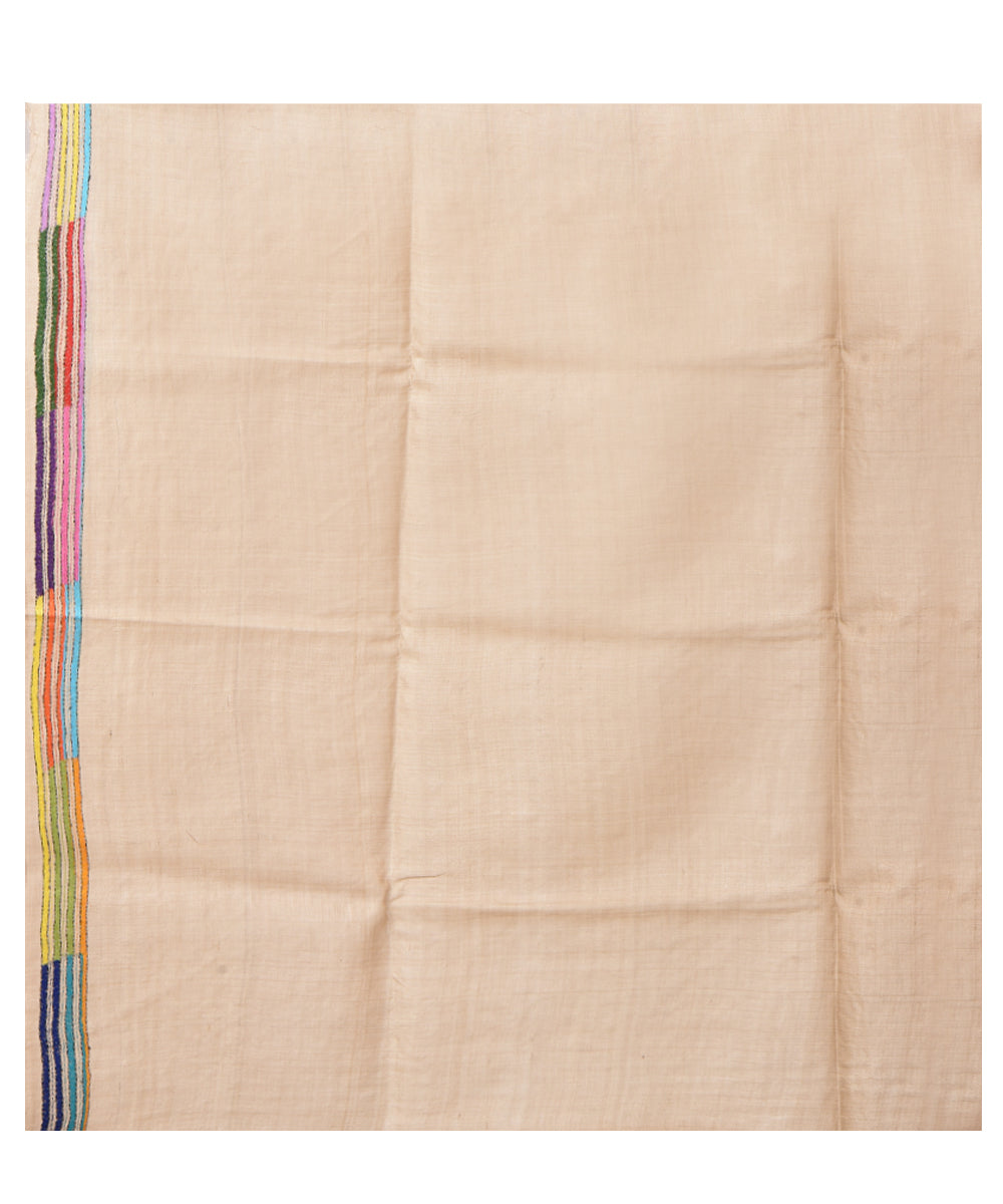 Beige multicolor pallu hand kantha stitched tussar silk saree