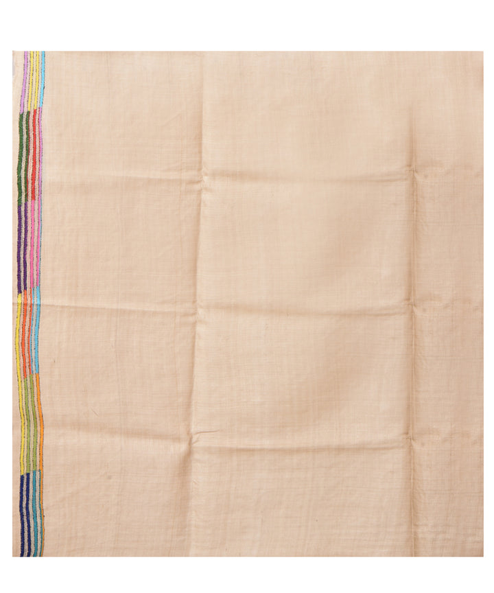 Beige multicolor pallu hand kantha stitched tussar silk saree
