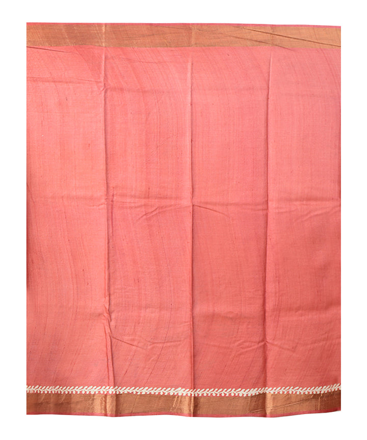 Red white block print handprinted tussar silk saree