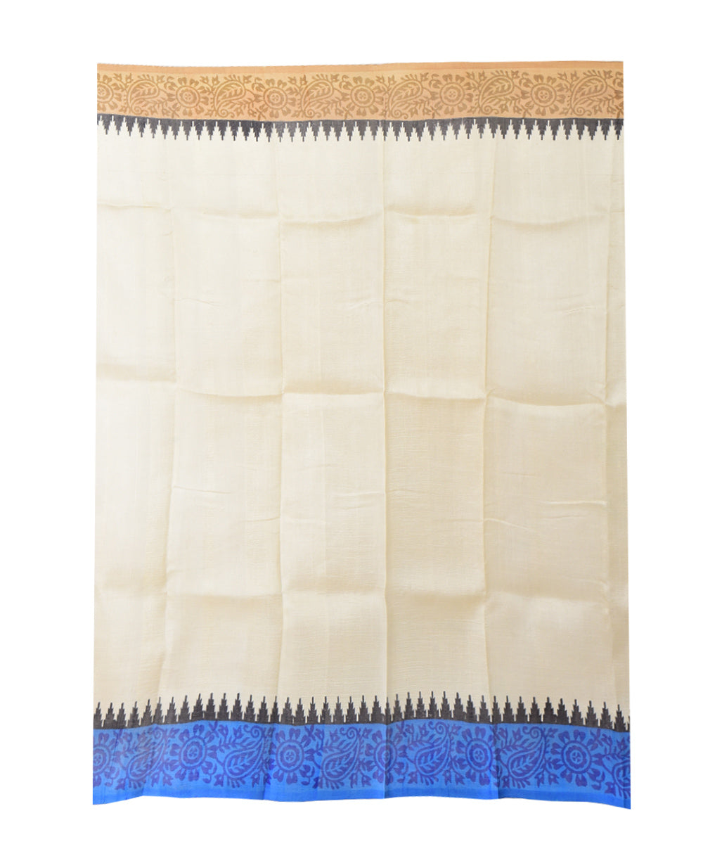 White navy blue hand printed silk saree