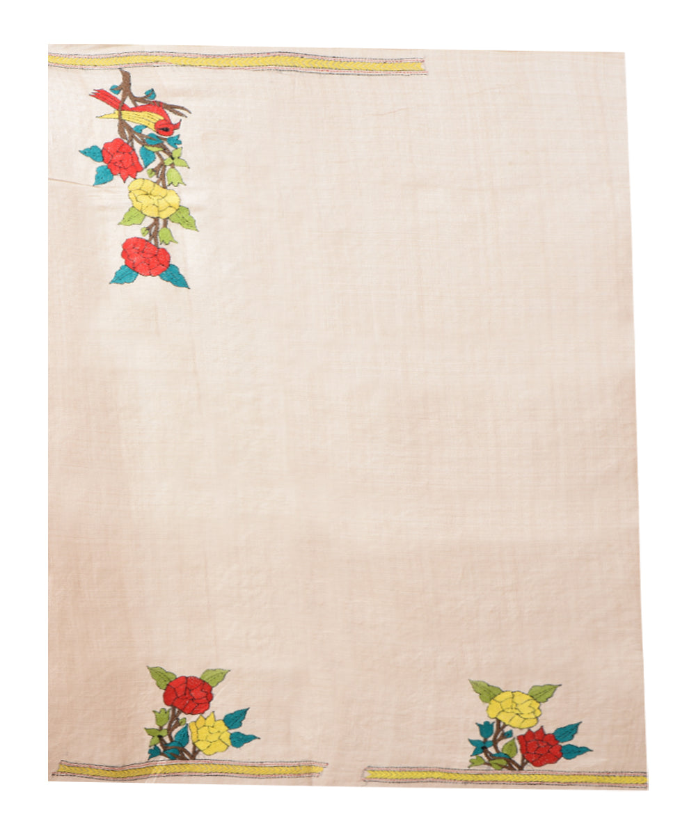 Beige red tussar silk hand kantha stitched saree