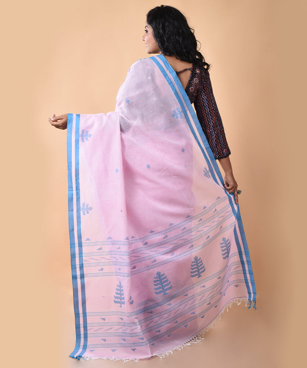 Pink blue cotton handwoven jamdani saree