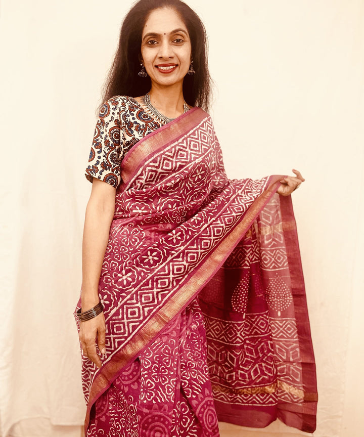 Onion pink hand block bagru printed maheswari sico saree
