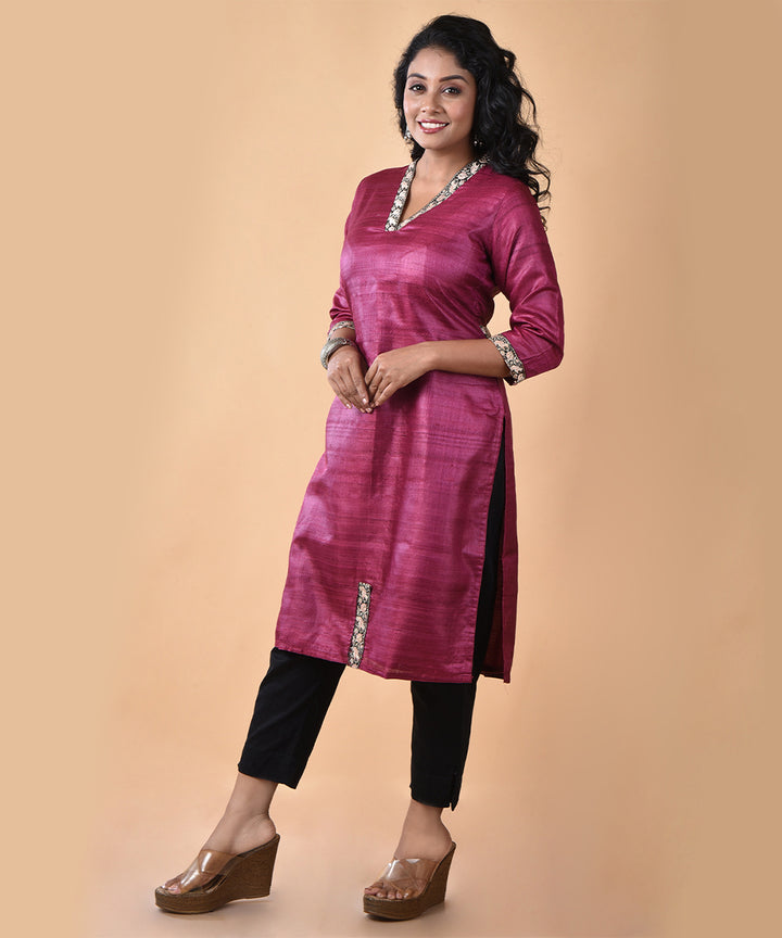 Maroon handwoven tussar silk kurti with aari work border