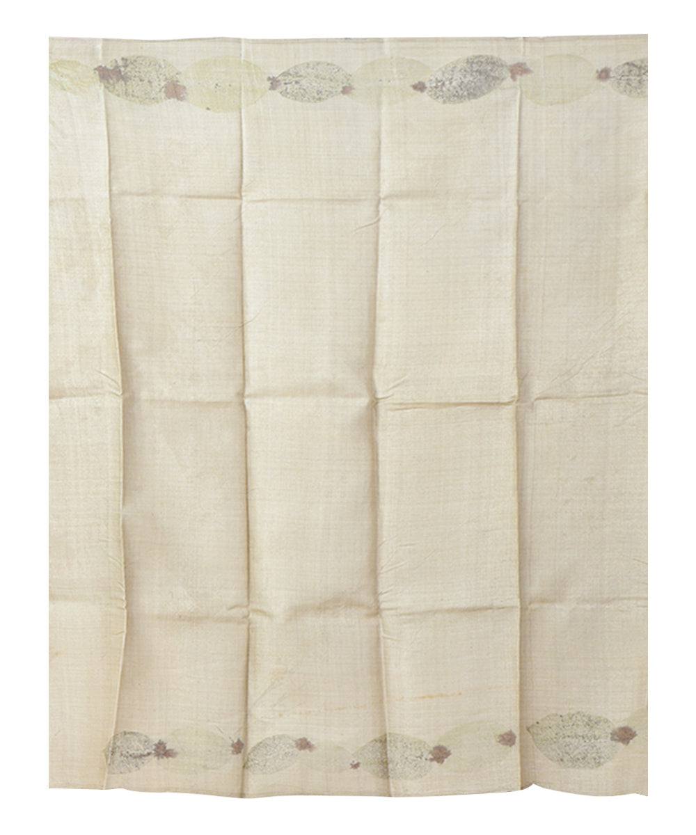 Beige grey  handprinted tussar silk saree