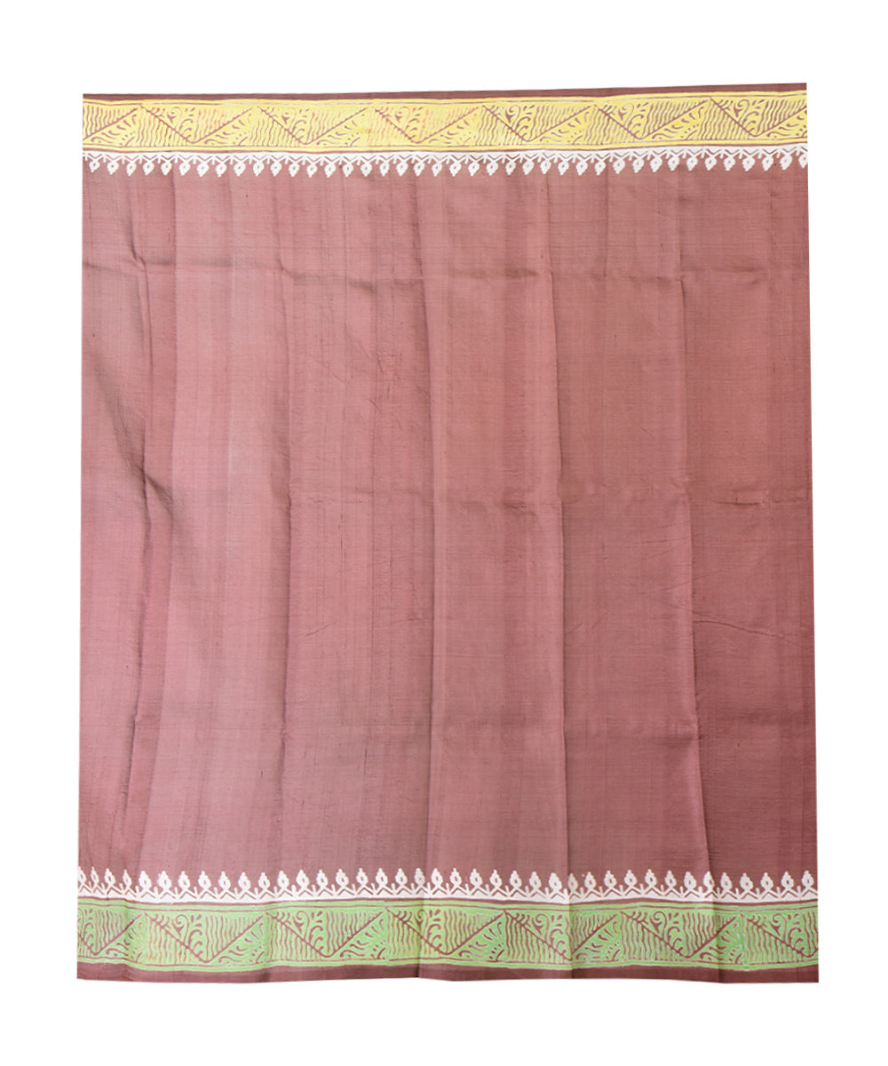 Brown multicolor silk hand printed saree