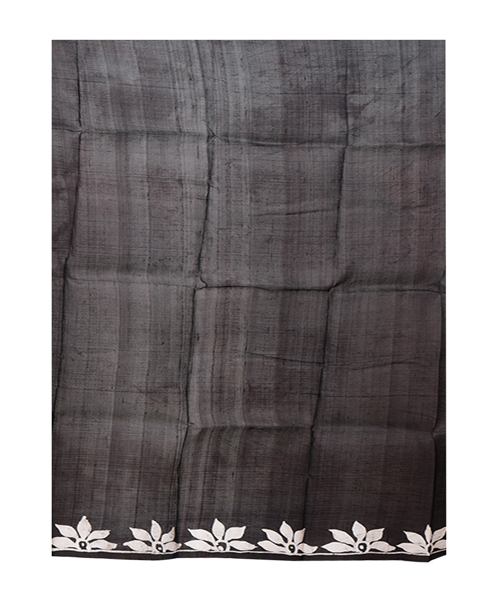 Black white batik print handprinted silk saree