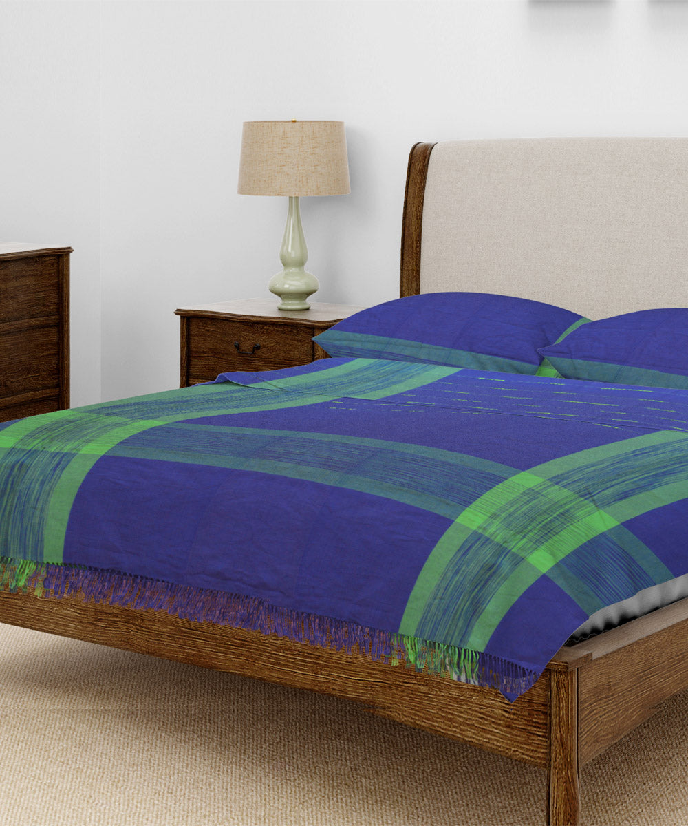 Navy blue green buti handwoven cotton double bed king size bedcover
