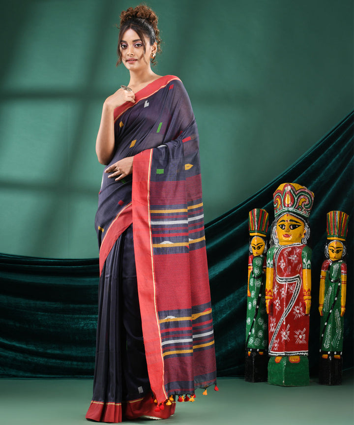 Silet grey red handloom cotton bengal saree