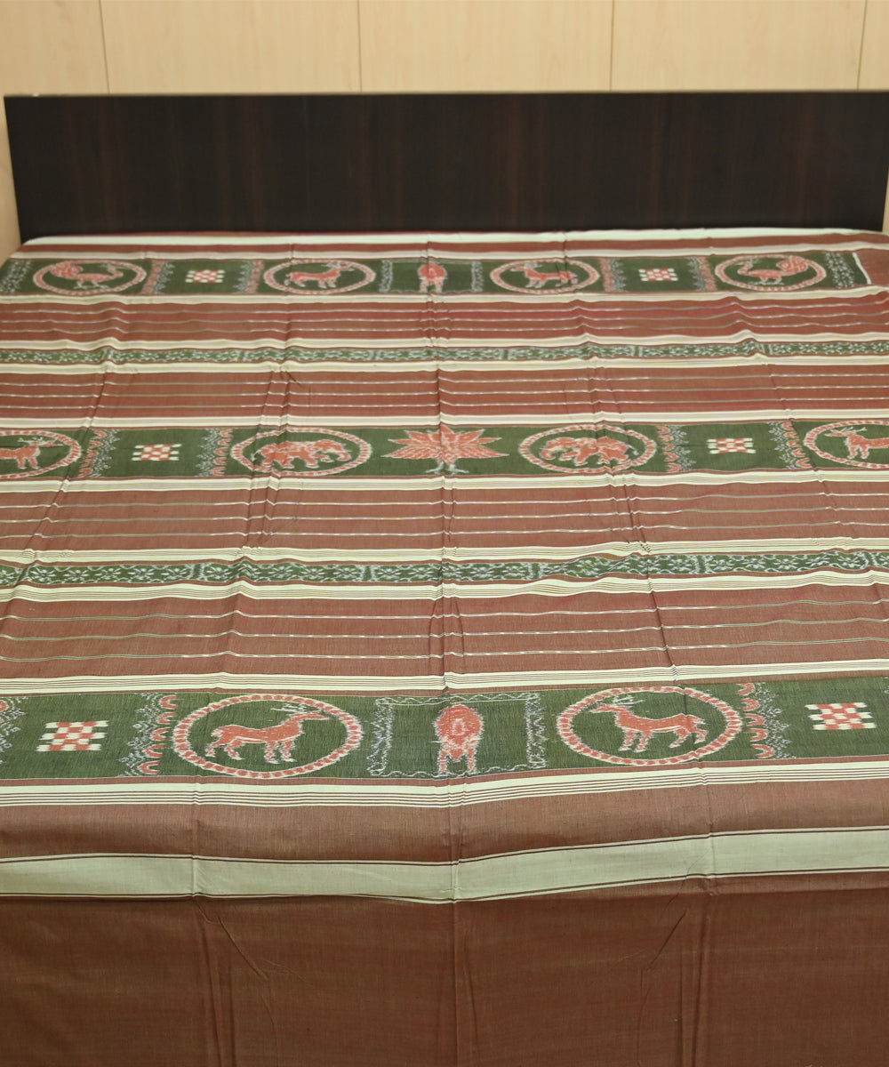 Dark brown cream green handmade sambalpuri cotton bedsheet
