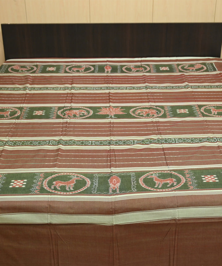 Dark brown cream green handmade sambalpuri cotton bedsheet
