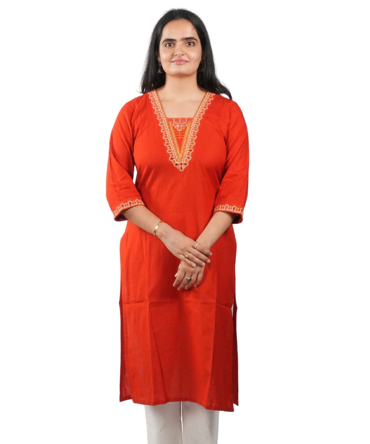 Orange Soi Hand Embroidery Cotton Kurti