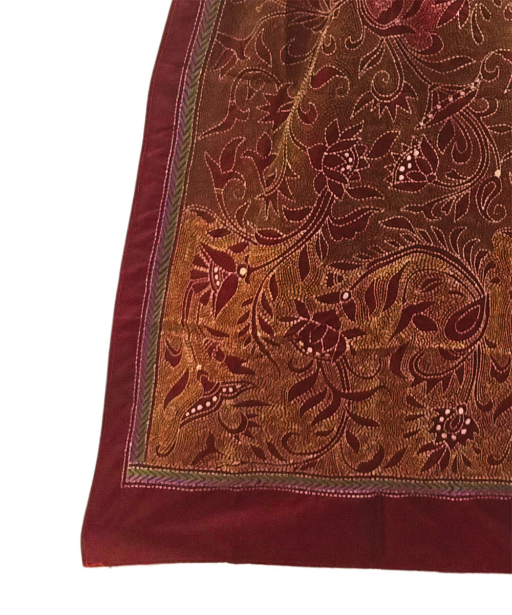Maroon multicolor thread silk kantha handwoven stitch stole