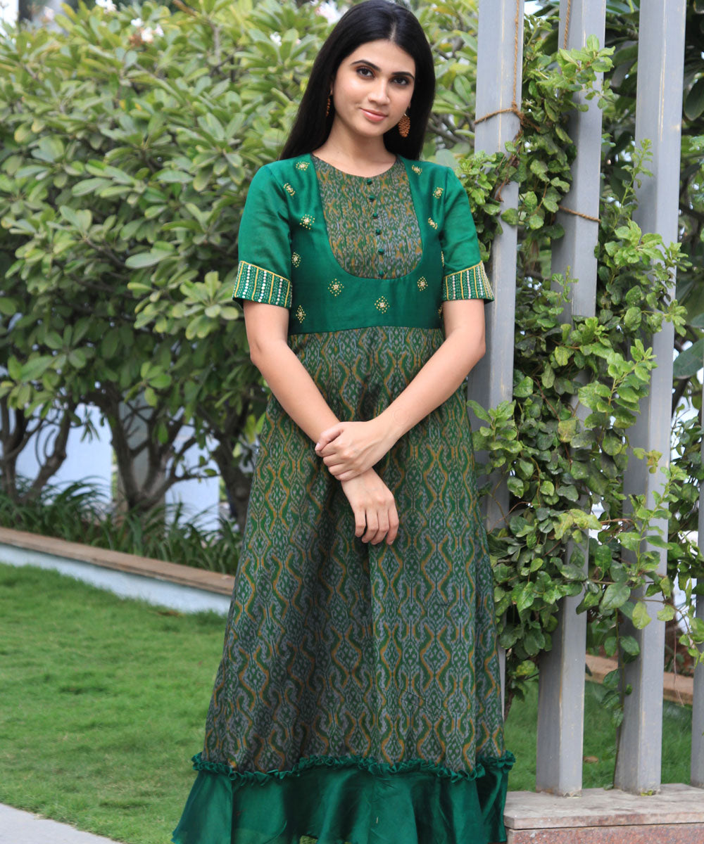 Green chanderi handwoven ikat hand embroidery gown