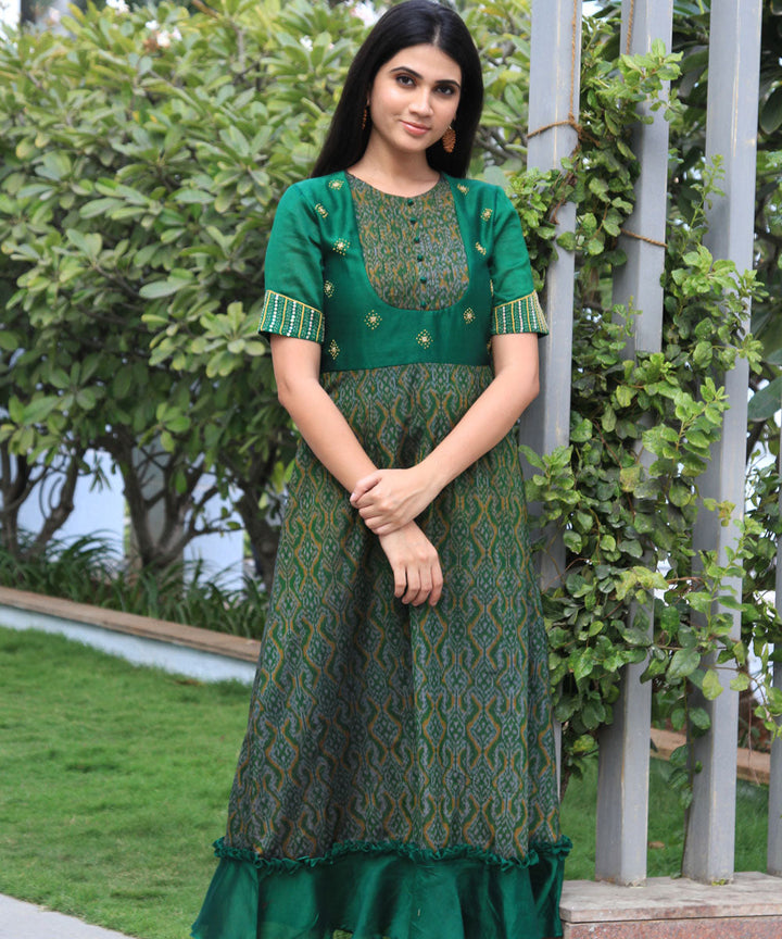 Green chanderi handwoven ikat hand embroidery gown