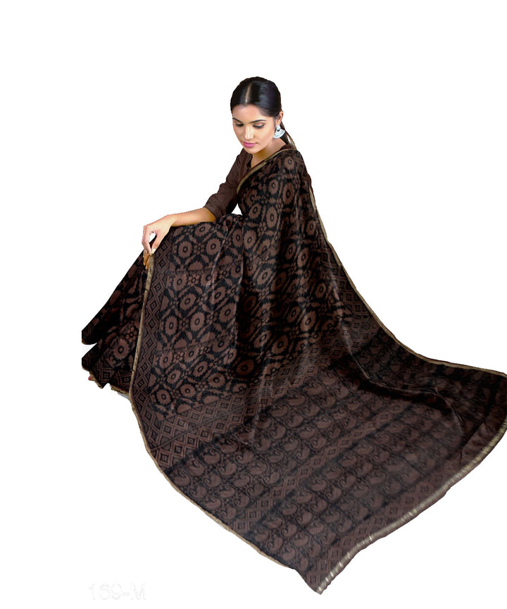 Brown black cotton silk maheshwari hand printed saree