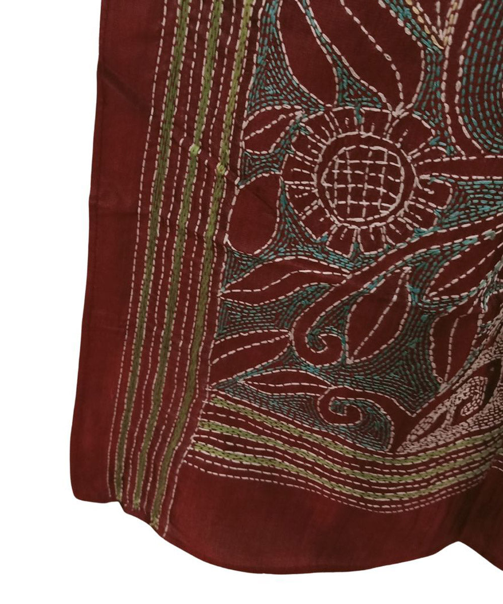 Rust hand embroidered silk kantha stitch stole