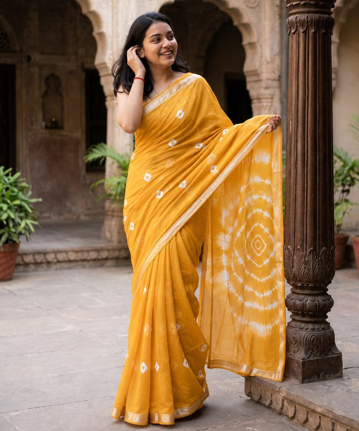 Yellow bandhej maheswari cotton silk saree