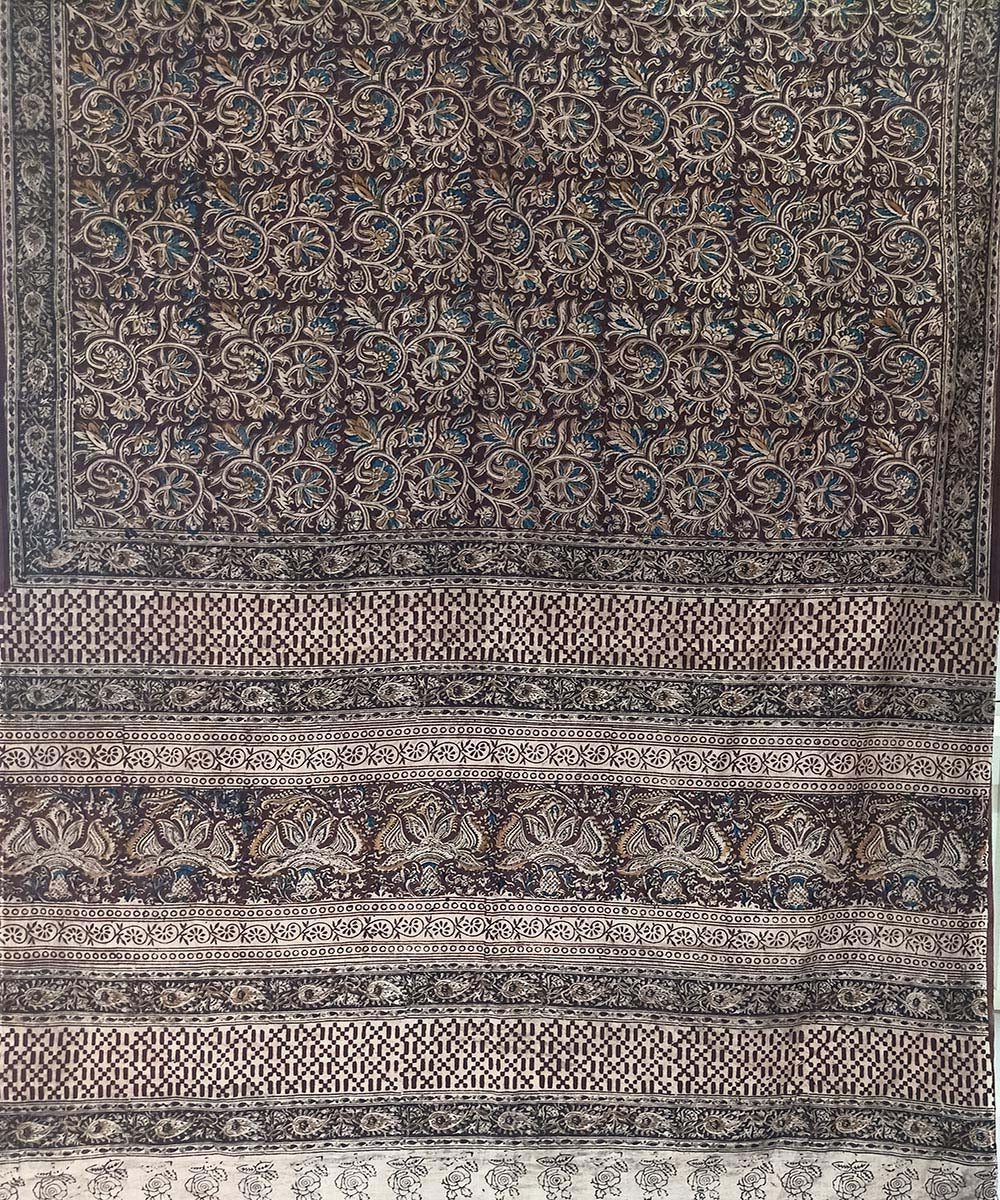 Offwhite black kalamkari cotton hand printed saree