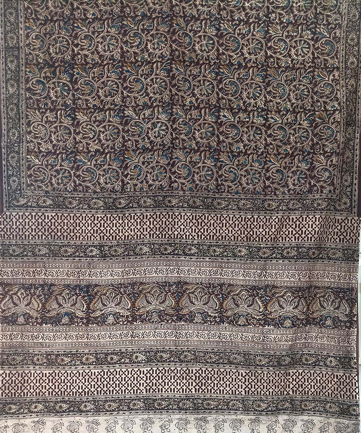 Offwhite black kalamkari cotton hand printed saree