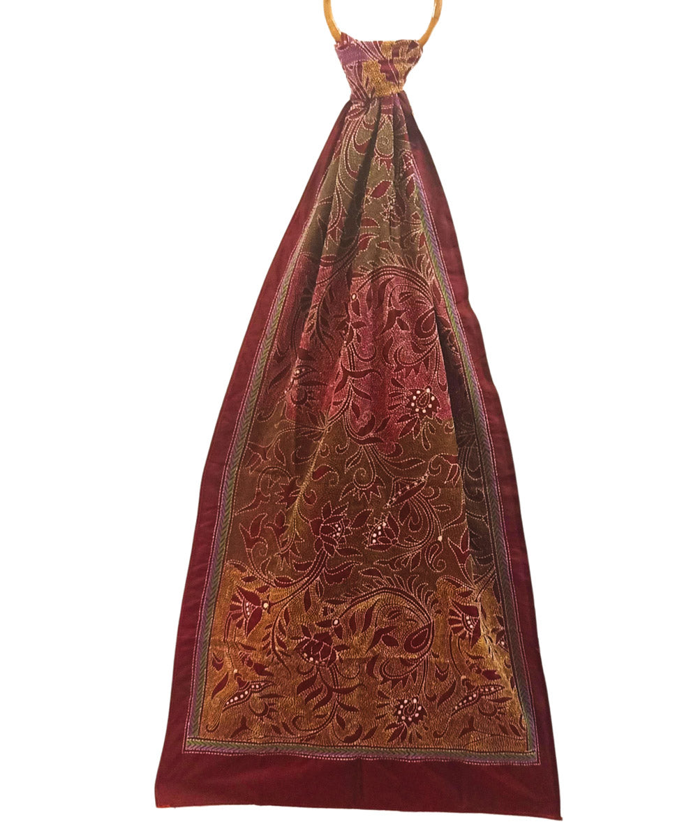 Maroon multicolor thread silk kantha handwoven stitch stole