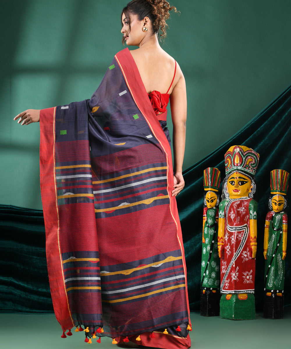 Silet grey red handloom cotton bengal saree