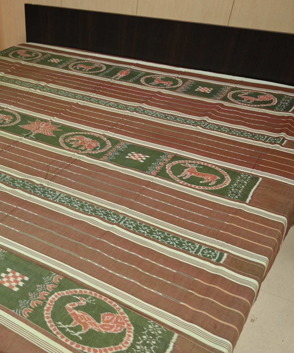 Dark brown cream green handmade sambalpuri cotton bedsheet