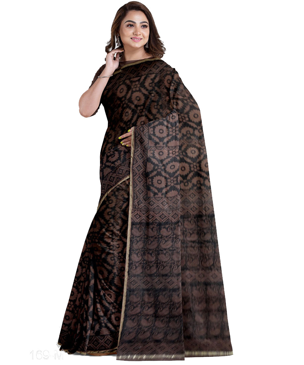 Brown black cotton silk maheshwari hand printed saree
