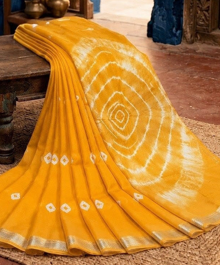 Yellow bandhej maheswari cotton silk saree