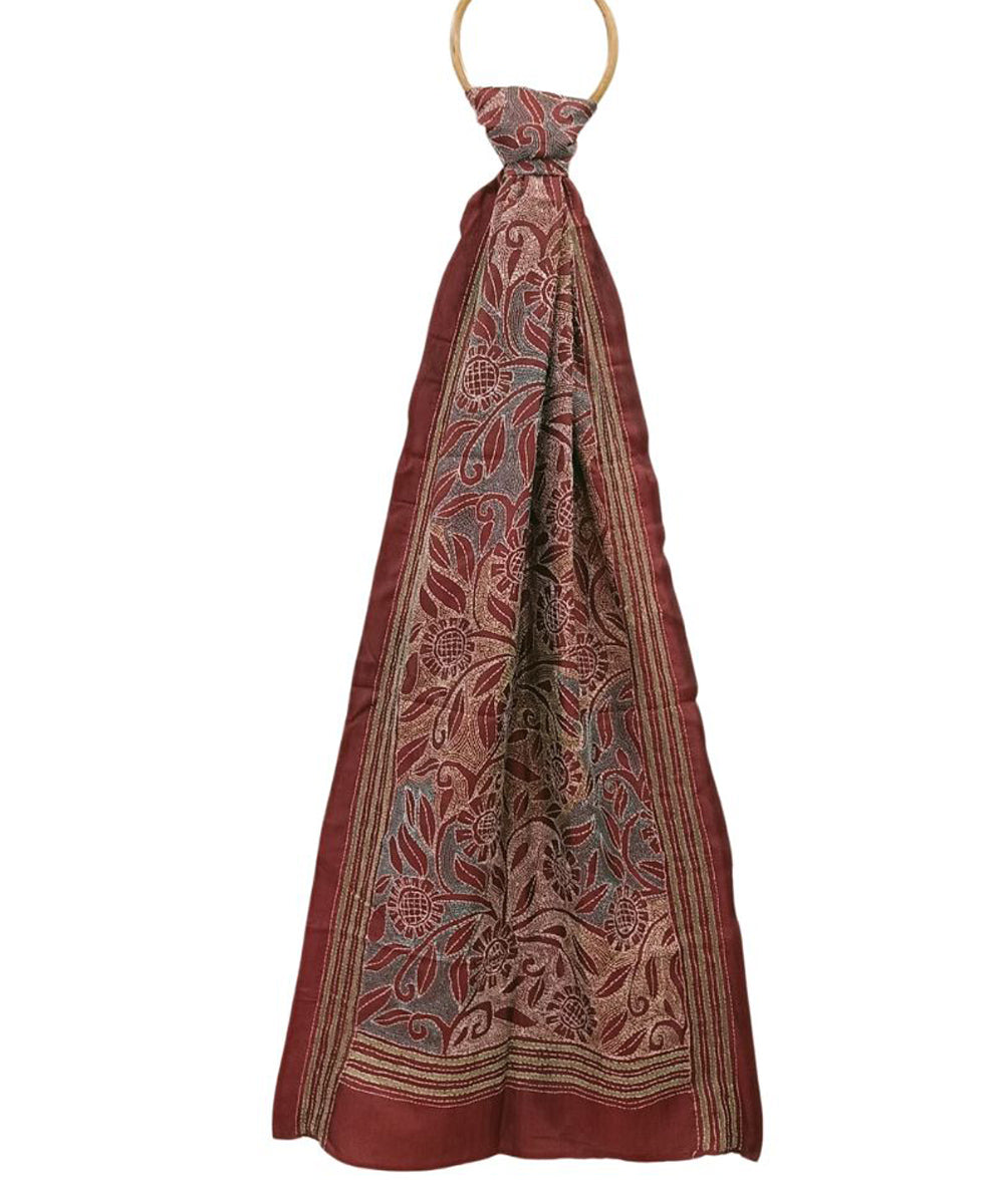 Rust hand embroidered silk kantha stitch stole