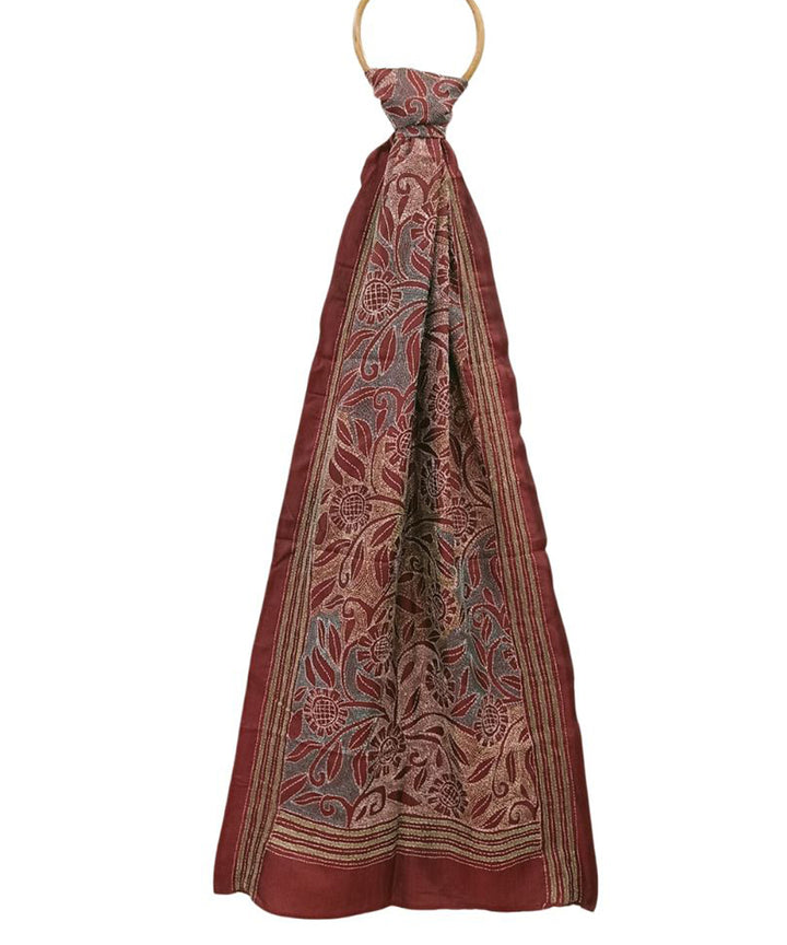 Rust hand embroidered silk kantha stitch stole